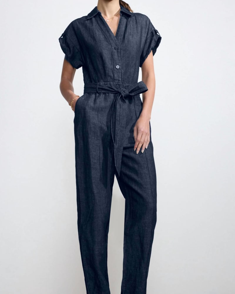 Front of a model wearing a size L Banks Short Sleeve Jumpsuit In Indigo in Indigo by Brochu Walker. | dia_product_style_image_id:351421